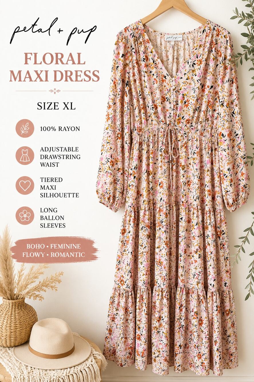 Petal & Pup Pink Floral Boho Maxi Dress XL Long Sleeve Tiered Rayon Cottagecore